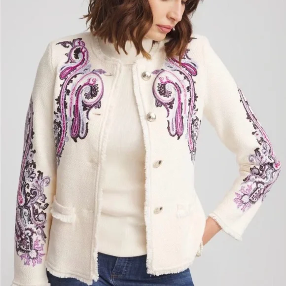 Embroidered White and Purple paisley tapestry Jacket with silver buttons - Picture 1 of 5